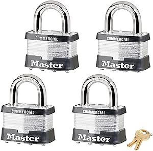 Master Lock Padlock - 2" W Body x 1" L Shackle, Four (4) Keyed Alike Locks w/ 8 Keys, 5 NKA-4 w/Bump Stop Technology