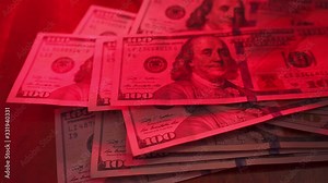 The amount of money is decreasing. Stock market. Flashing red light, danger. Coronavirus. Concept of financial crisis, business crash and economic collapse. Banknotes of 100 dollars.