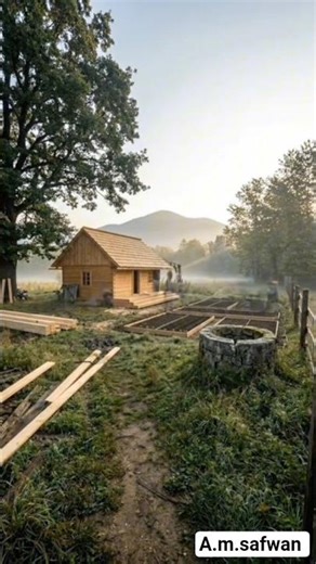 Morning Mountain Cabin Transformation | Wooden House, Stone Well & Organic Garden Build #shorts