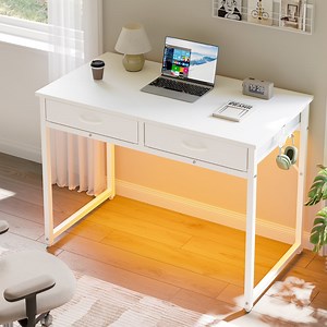 Pinmoco 42 inch Small Desk Computer Desk with Fabric Drawers& RGB LED Light, Writing Desk, White Vanity Desk with Hanging Hook Hook for Home, Bedroom, White