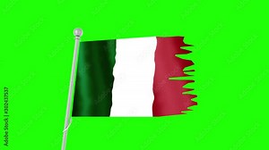 Flag Italy chroma key. Flagpole. Flag on green background 4k, full HD. A ragged flag fluttershy in the wind on the flagpole. Background, chromakey