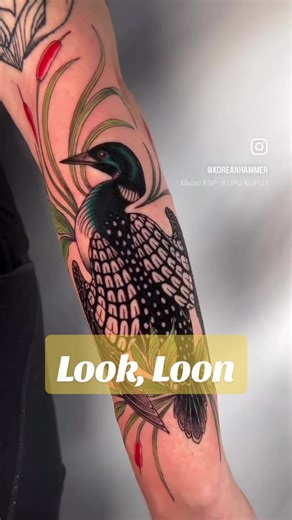 Kim has been putting birds on humans for nearly two decades! Check out this gorgeous Loon, cattails, swamp Tupelo, and grasses ❤️ pinkgoblintattoo.com/kim/ #loon #birdtattoo #tupelo #athensgeorgia #atlantageorgia