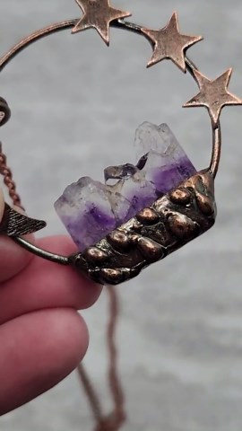 Crescent Moon & Stars Copper Soldered Pendant Necklace With Natural Amethyst Cluster - Etsy