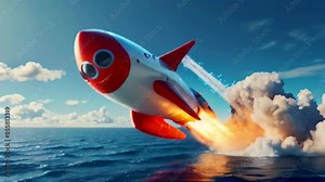 This is an illustration of a cartoon rocket. The rocket is red and white, with a smiley face on the front. It is launching from the ocean, with flames coming out of the back.