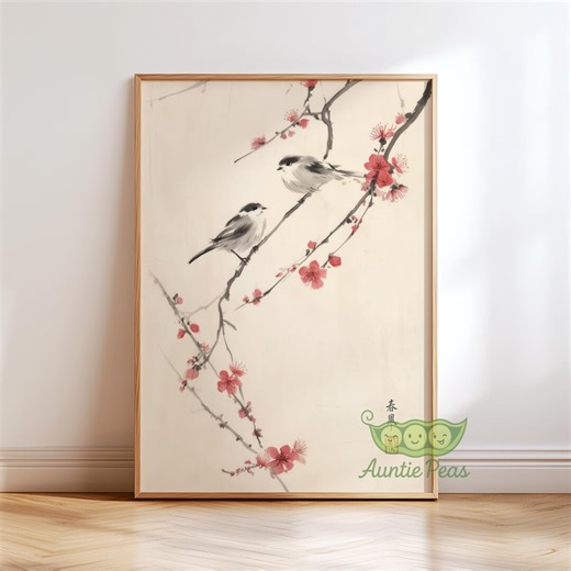 Cherry Blossom Bird Wall Art, Japanese Nature Print, Sumi Ink Bird Poster, Zen Animal Artwork, Minimalist Asian Decor, Pink Floral Print - Etsy
