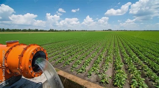 Water flows from orange industrial pump through black pipe into irrigation ditch. Stream irrigates vibrant green farm field with young crops in rows. Shows modern agriculture water supply management