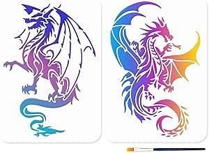 MAYJOYDIY Dragon Stencils for Painting, A4 Size 11.7x8.3 inch, 2 Pack with Paint Brush, Reusable Craft Templates for Wood DIY