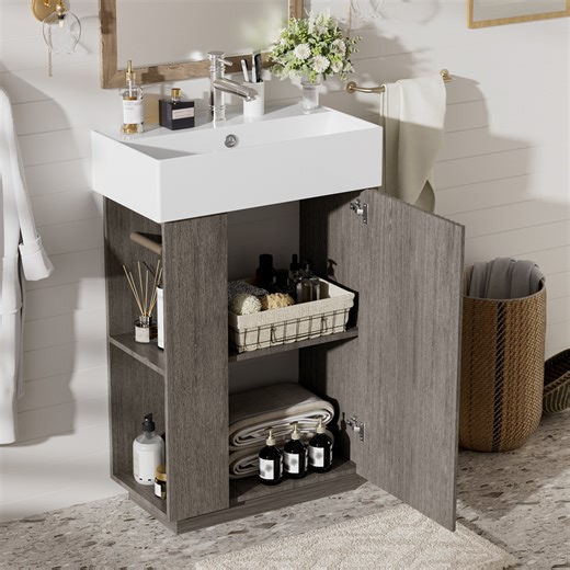 Latitude Run® [Video]21.6" bathroom vanity with ceramic sink, freestanding modern right door wood grain cabinet with open and closed storage for small bathrooms | Wayfair