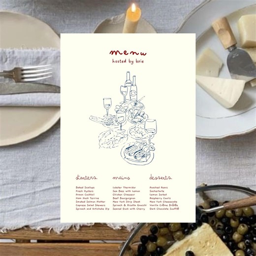 Dinner Party Menu Template, Hand Drawn Illustration Menu, Printable Hosting Menu, Whimsy Wedding Menu Template, Illustrated Reception Menu - Etsy