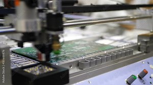 Electronic circuit board production. Automated Circut Board machine Produces Printed digital electronic board. Electronics contract manufacturing. Manufacture of electronic chips. High-tech. microchip