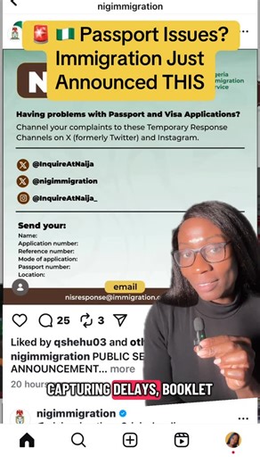 Funké Ogunkoya 🇳🇬🇬🇧🇨🇦 | Travel Creator | Global Storyteller on Instagram: "➡️ Follow @sassy_funke for accurate Nigeria 🇳🇬 travel updates you can trust. Nigerians — the Nigeria Immigration Service just released new temporary channels for reporting passport and visa application issues. If you’re facing delays with capturing, booklet shortages, application status, or visa processing, here’s where to send your complaint: X: @InquireAtNaija @nigimmigration IG: @InquireAtNaija_ Email: nisresp