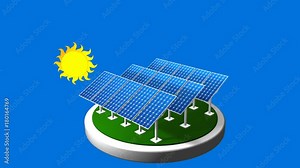 3D animation of a group of solar panels following the path of the sun with blue background - Renewable Energy
