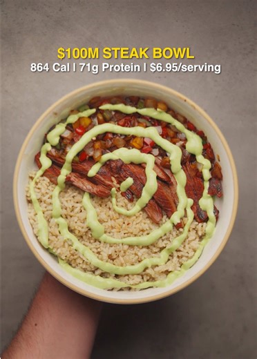 Here’s what I’d cook for @Alex Hormozi 🧠 Recipe below! 👇 HERMOZI $100M STEAK BOWL 864 Cal | 71g Protein | $6.95 Ingredients Cooked Cilantro Lime Rice ¾ cup | 140g (¼ cup | 50g uncooked) Carne Asada 10 oz | 285g Chopped Bell Pepper ¼ cup | 35g Chopper Onion ¼ cup | 40g Nonfat Greek Yogurt 2 tbsp | 30g Light Sour Cream 1 tbsp | 15g Cilantro 2 tbsp | 5g Avocado 2 tbsp | 30g Lime Juice 1 tsp | 5g Salt Directions 1. Cook the rice. 2. Heat a skillet over high heat; roast the sliced bell peppers and 