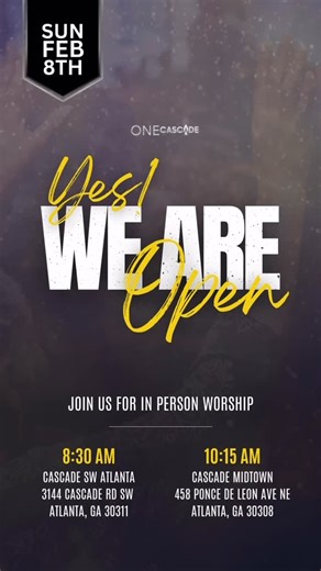 Cascade UMC on Instagram: "Join us tomorrow morning for Sunday Worship at Cascade UMC! We’re open for in-person services. • Cascade Southwest: 8:30 AM 3144 Cascade Road, Atlanta, GA • Cascade Midtown: 10:15 AM 458 Ponce de Leon Ave NE, Atlanta, GA Come worship, connect, and be inspired! #CascadeUMC #OneCascade #InPersonWorship #SundayAtCascade"