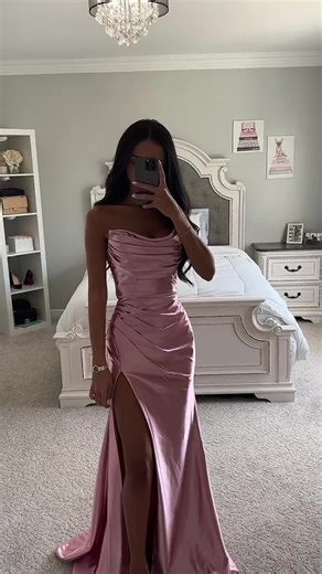 Dusty Rose Asymmetrical Satin Gown 💖 from shopddmine.com 🛍️ #fashion #dress