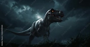 Thunder rumbling, T-rex scanning and stepping forward on grassland asserting dominance in lightning