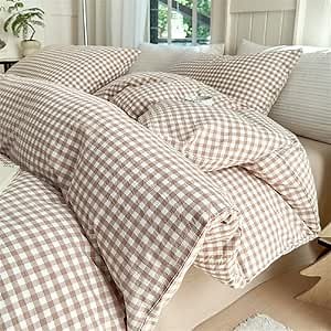 LifeTB Tan Gingham Comforter Set Twin XL Modern Style Beige Plaid Comforter Set 3 Pieces Soft Fluffy Grid Checkered Pattern Comforter with 2 Pillowcases Farmhouse Gingham Bedding Set Twin XL