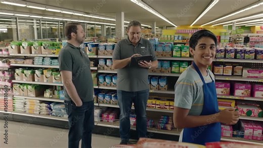 Supermarket manager using digital tablet, checking inventory with his employees, ensuring efficient stock management and product availability in a busy retail environment