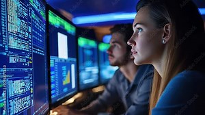 Security audit team reviewing firewall logs and system reports in a corporate environment.