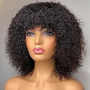 180 Density Jerry Curly Wigs for Black Women Short Curly Human Hair Wig with Bang Full Machine Made Scalp Base Top Wig NC 12Inch
