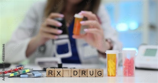 Doctor presses stamp carefully onto prescription form confirming prescribed medication at appointment. Small wooden cubes on desk form phrase RX Drug