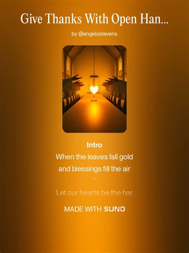 Give Thanks With Open Hands Give Thanks With Open Hearts is a worship-driven celebration of grace, gratitude, and the everyday blessings we too often overlook. Built around the message that a thankful heart is a powerful thing, this song invites listeners to pause, breathe, and acknowledge the goodness of God—even in seasons of difficulty or doubt. It’s a reminder that gratitude isn’t just a feeling, but a posture of the soul… one that opens the door to peace, love, and spiritual renewal. Each v