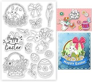 INFUNLY Easter Bunny Clear Stamp Egg Transparent Stamps for Scrapbooking Happy Easter Rubber Stamp Flower Silicone Stamps for Easter Card Making Spring Journaling Photo Album Journal