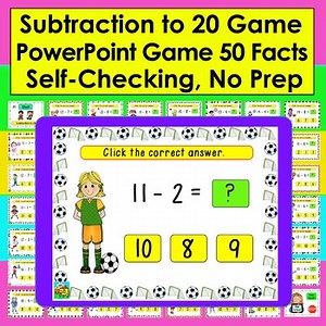 Subtraction to 20 PowerPoint Game 50 Self-Checking Facts Sports Theme
