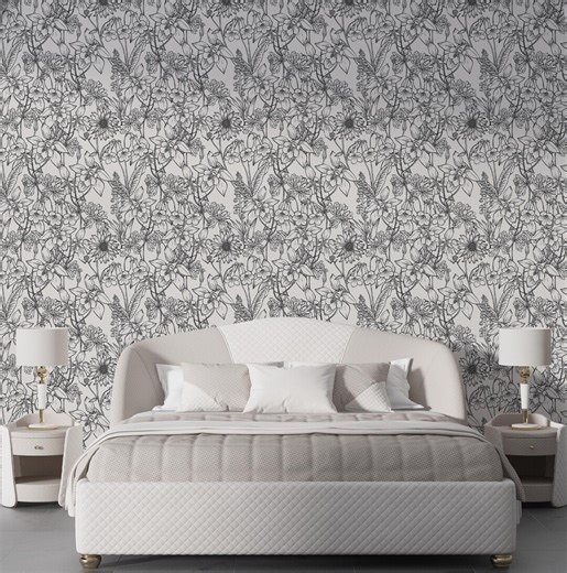 Floral Line Art Wallpaper – Black and White Botanical Pattern, Detailed Flowers and Leaves, Peel & Stick/non-woven - Etsy