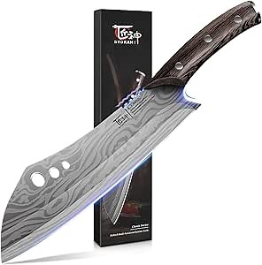 Butcher Knife, 10 Inch Meat Cleaver Chef Knife with Herb Stripper, Japanese Style High Carbon Steel Kitchen Knife for Chopping & Slicing, Damascus Pattern Full Tang Wood Handle Ideal for Gift