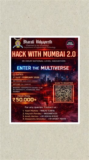 HackWithIndia BVUDET NM Chapter on Instagram: "The wait is over. Hack With Mumbai 2.0 is LIVE ⚡ A 30-hour national-level hackathon where ideas turn into impact. Infinite innovation. Limitless creativity. Secure your seat — the countdown has started ⏳ Registrations closes 19th Jan at 12:00 AM.” Keywords: [Hack with Mumbai 2.0, Developer Perks, Innovator Rewards, Tech Community, Coding Culture, Student Innovators, National Level Hackathon, Mumbai Hackathon, Creative Minds, Build & Win, Tech Enthus