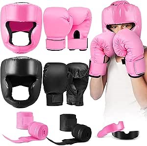 Kanayu 12 Pcs Kids Boxing Equipment Set for Beginners Ages 6-18 Years Including Boxing Helmet and Gloves Hand Wraps Sport Mouthguards Taekwondo Sparring Gear for Kids and Children