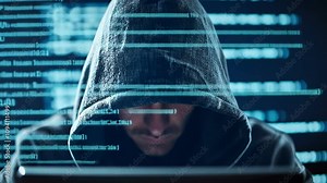 A mysterious hacker in a hoodie is intently focused on a laptop screen, surrounded by glowing code in a dark environment.
