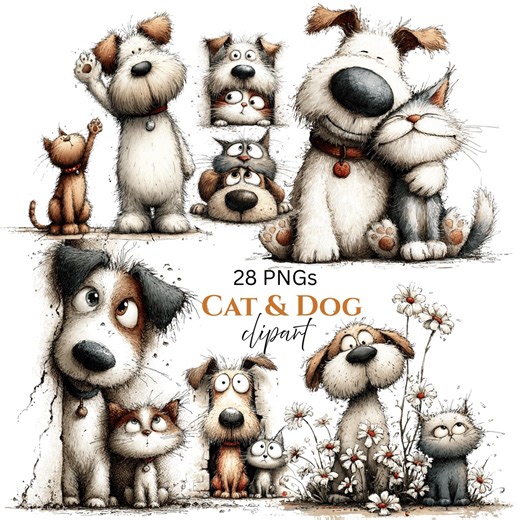 Cat and Dog Friends Clipart: Cartoon Graphics (digital Download - 28 Pngs) - Etsy