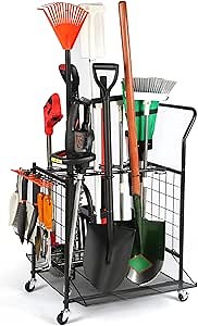 Garden Tool Organizer, Garden Tool Storage on Wheels, Tool Tower Garage Storage, Long Handle Tool Storage for Shed, Garage, Garden Steel, Black (Wheels Tool Storage)