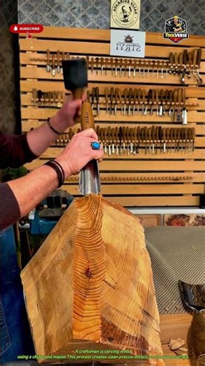 Wood Carving Process with Chisel and Mallet for Precise Detail #woodworking