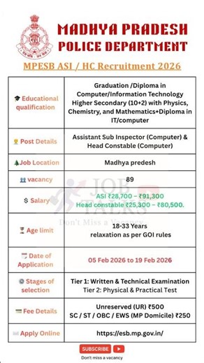 🔥 MP Police ASI & Head Constable Computer Recruitment 2026 | 7th Pay Salary | #jobtalks4u #shorts