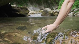A hand in flowing stream water. Elegant and clean. Slow motion.
