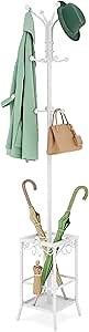 Hoctieon Coat Rack Freestanding, Coat Tree with Umbrella Holder, Metal Coat Rack Stand with 12 Hooks, Standing Coat Hanger Stand, Umbrella Stand for Entryway, Hat Rack Stand for Home Office, White
