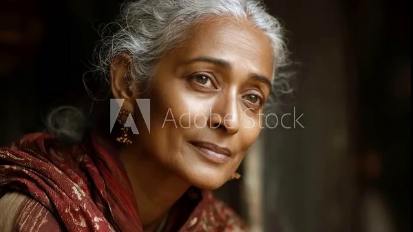 Mature Indian woman with silver hair reflecting deep thought while sitting in a traditional setting during the late afternoon light