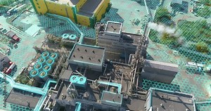 Drone shot of a modern futuristic factory. Modern factory aerial view. The concept of a modern factory. Factory concept visualization aerial view