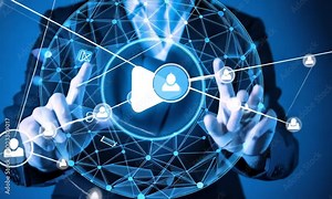 Streaming Video Concept: Communication Network Visualizing Content Sharing and Social Networking, Featuring Dynamic Graphics and Icons of Video Clips, People, and Connectivity