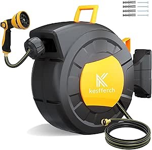 Retractable Garden Hose Reel, 1/2 Inch x 65 FT + 6 FT Compact Water Hose Reel Wall Mounted Garden Hose Reel with 10 Pattern Nozzles, Any Length Lock, Slow Rewind Storage, 180°Swivel Bracket