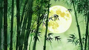 A quiet bamboo grove soft glow full moon, rustling leaves bamboo create a dreamlike, mysterious ambiance, 4k High-Quality Chinese retro painting ink watercolor background Animation Video