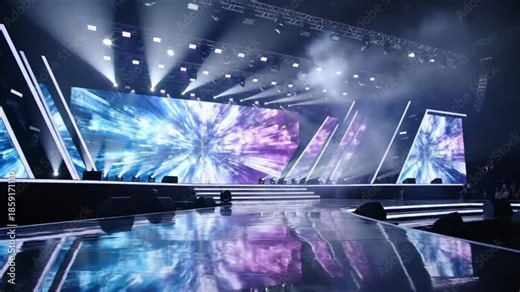 Futuristic stage with vibrant digital screen backdrop, bright stage lights, and reflective surface creating dynamic concert atmosphere