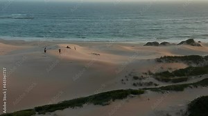 Tourists Taking Pictures On Sand Dunes At Sardinia Bay Beach During Golden Hour In Port Elizabeth, South Africa. - aerial