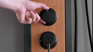 BWE Shower Massage Panel Black 8-Jet Multifunction Shower Panel System Bamboo Wood and Stainless Steel Panel with Handheld Wand Wall Mount Shower Column
