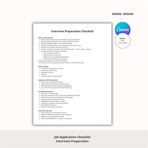 Interview Preparation Checklist | Job Interview Checklist | U.S. Job Interview | Printable PDF | Career Tools - Etsy