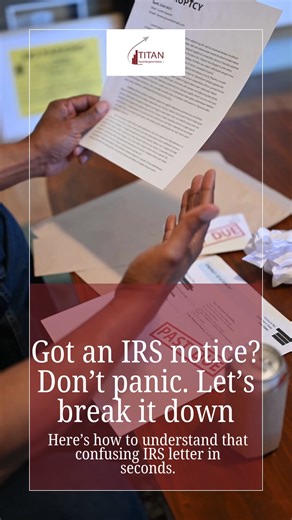 📄 IRS Notice? Let’s Break It Down — Simple & Visual. Most IRS letters look intimidating, but many are just updates, corrections, or requests for clarification. Here’s what to check first: 1️⃣ The notice number 2️⃣ Why they’re contacting you 3️⃣ Any changes to your account 4️⃣ Your response deadline ✔️ Don’t ignore it ✔️ Don’t panic ✔️ And don’t guess Send it to us — we’ll review it and walk you through your next steps. 📞 Titan Financial Management Solutions Accounting • Tax • Business Support 