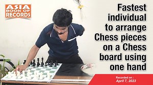 Bikash Ranjan Singh of #Odisha, #India, set a record for being the #fastest to #ArrangeChessPieces on a #ChessBoard using one hand. He arranged all the 32 shuffled Chess pieces on a Chess board (kept at a distance of one foot from the board) in 28 seconds and 16 milliseconds using his right hand only. | Asia Book of Records